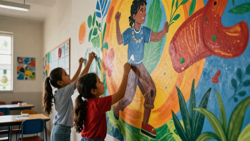 Potencia la formación artística con estrategias innovadoras para tus estudiantes 3 Estudiantes colaboran en un mural educativo mexicano