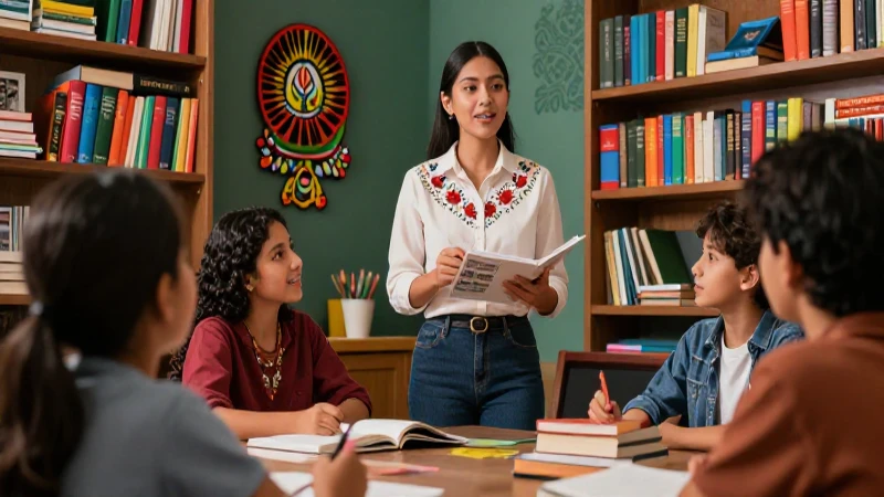 Profesora moderna guía estudio con estilo mexicano vibrante