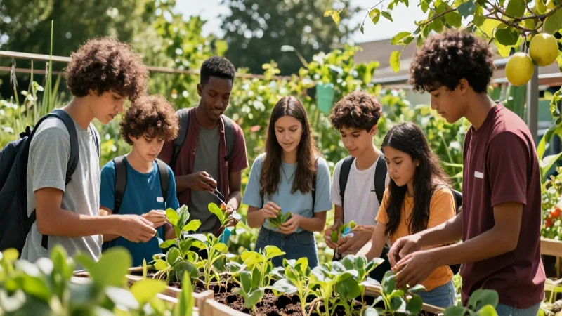 10 estrategias poderosas para promover la educación sustentable en las escuelas 3 Estudiantes aprendiendo en un vibrante jardín escolar