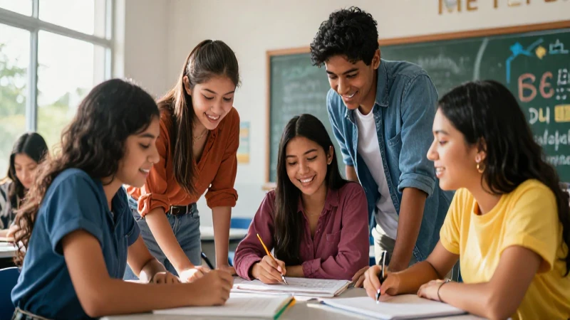 Estudiantes mexicanos felices colaborando en clase