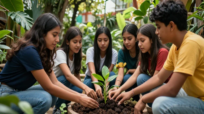 Estudiantes mexicanos plantan en jardín ecológico