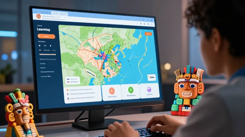 Interfaz digital educativa con mapa holográfico azteca