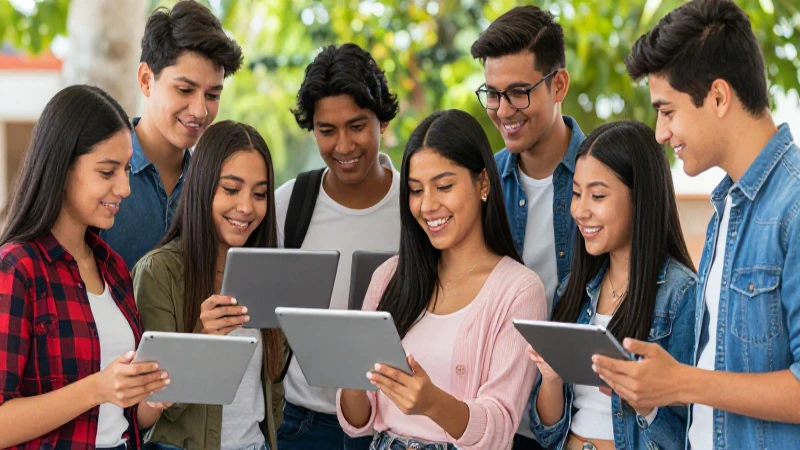 Maximiza el compromiso de tus estudiantes con estrategias de tecnología educativa 4 Estudiantes mexicanos felices colaborando con tecnología moderna