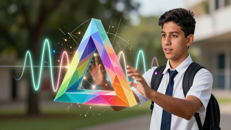 Estudiante interactúa con abstracción geométrica vibrante