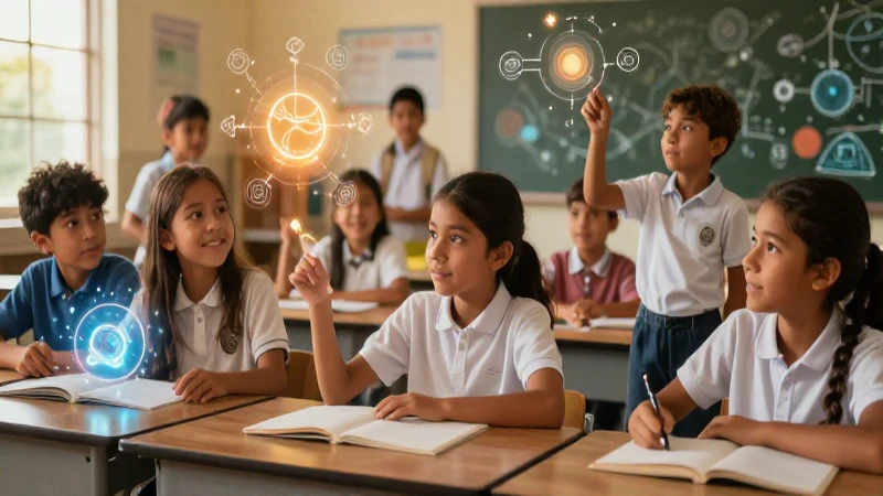 Estudios respaldan éxito del aprendizaje por indagación en NEM 3 Estudiantes mexicanos explorando ciencia en un ambiente vibrante