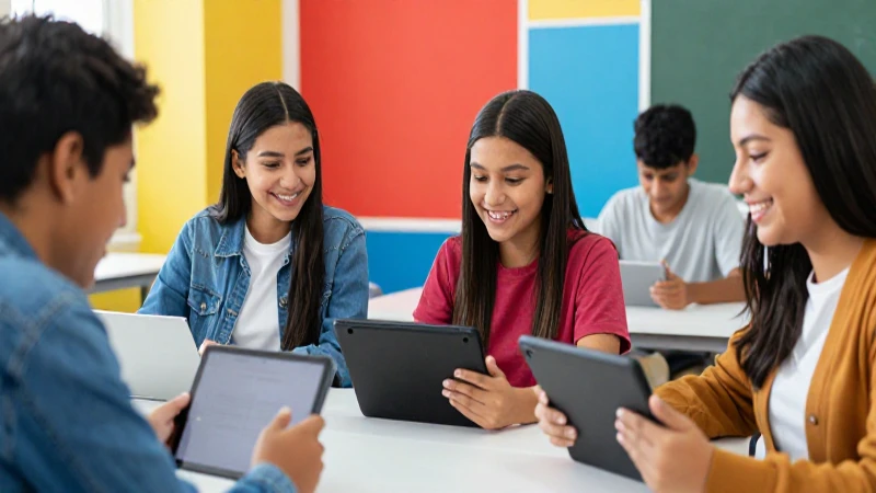 Innovación tecnológica en el aula: Éxito en la Nueva Escuela Mexicana 4 Estudiantes mexicanos felices usando tabletas modernas