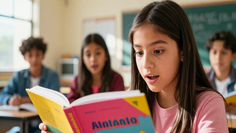 Estudiante mexicano entusiasta lee un libro colorido en clase
