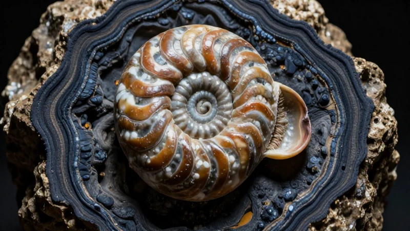 Fósil de ammonite antiguo, ultra detallado y dramático