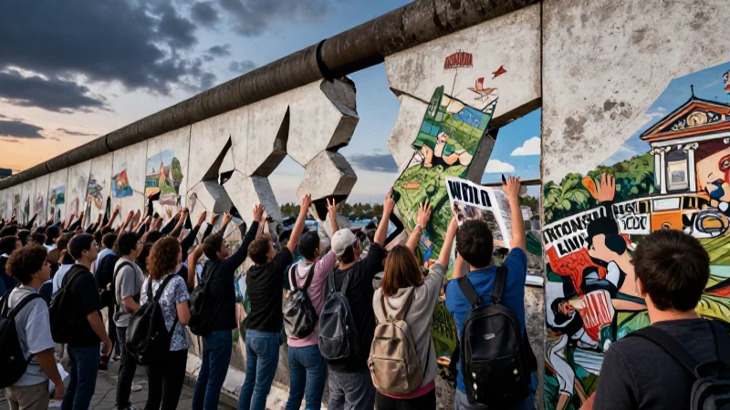 Muro fragmentado de Berlín con multitud vibrante