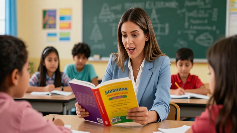 Maestra mexicana enseñando con entusiasmo
