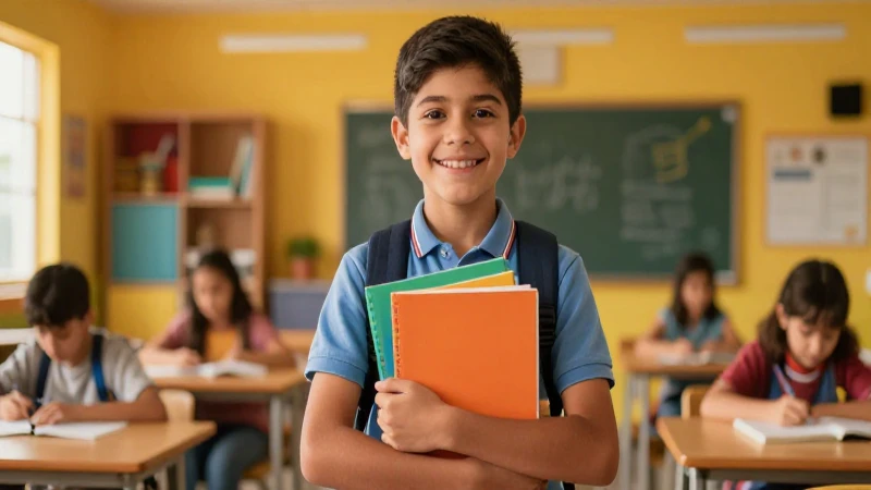 Estudiante sonríe con libros en aula moderna