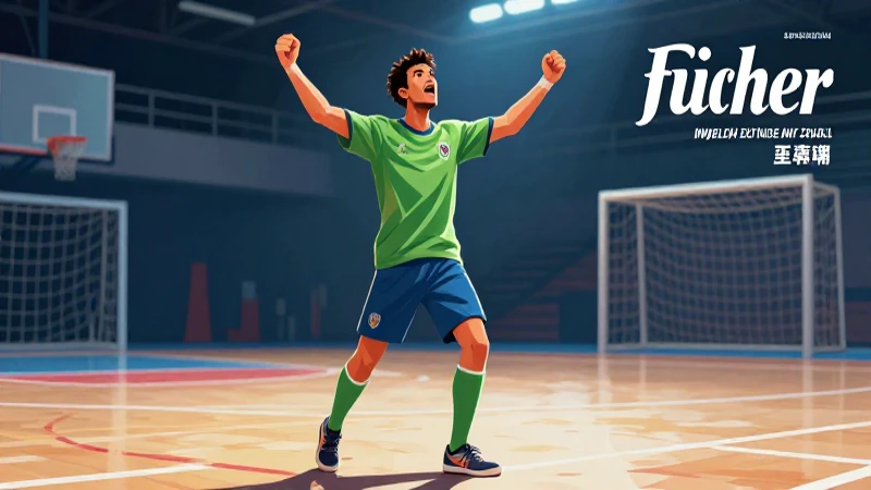 Jugador de futsal celebrando en vibrante cancha profesional