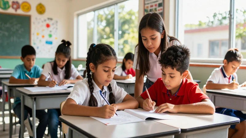 Enseñanza con modelo de escuela nueva: habilidades clave 3 Estudiantes mexicanos colaboran en un aula soleada