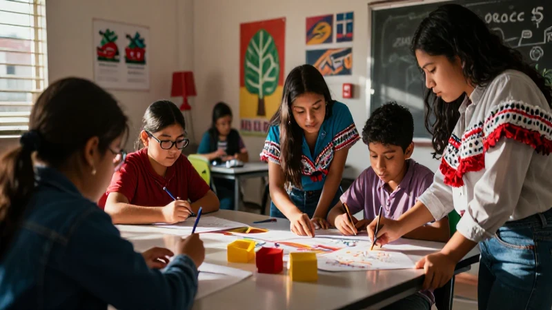 Enseñanza con modelo de escuela nueva: habilidades clave 5 Jóvenes aprenden en aula moderna y vibrante
