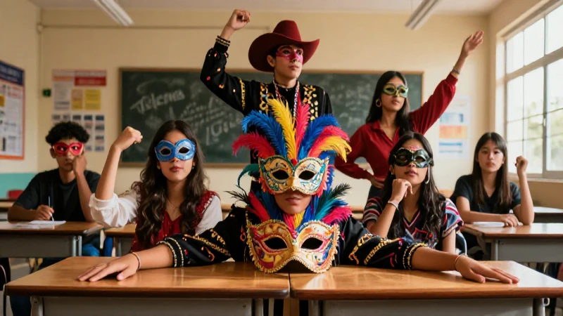 Desarrolla habilidades teatrales con la Nueva Escuela Mexicana 3 Estudiantes mexicanos en pose teatral vibrante y estilizada
