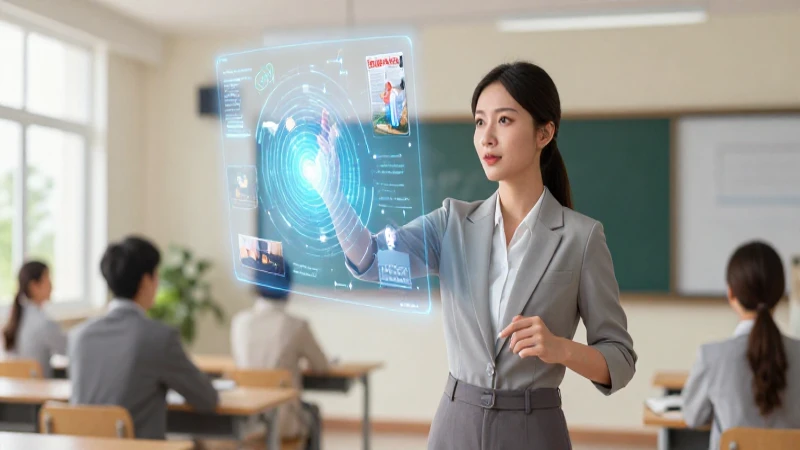 Formación continua: Desarrolla tus habilidades docentes 3 Educador profesional con interfaz holográfica en aula moderna