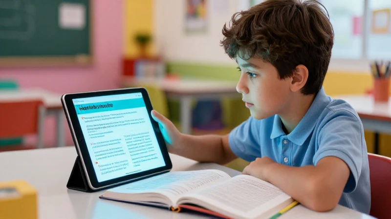Estudiante joven interactúa con tablet digital en clase moderna