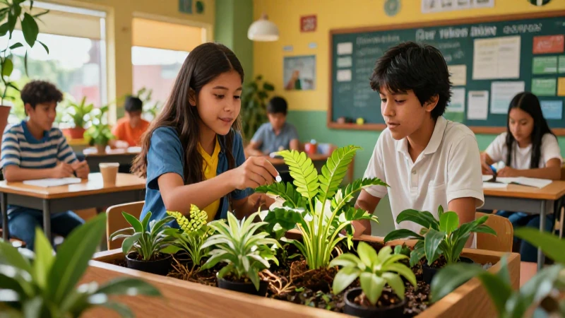 Aula moderna con estudiantes y plantas