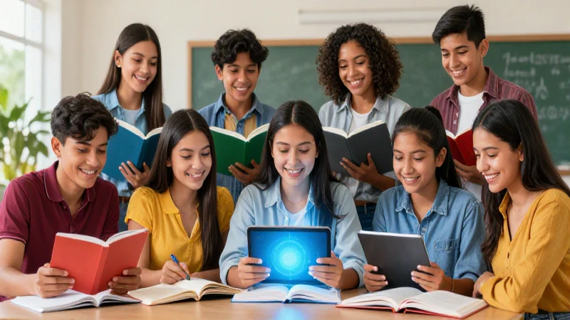 Ilustración vibrante: estudiantes mexicanos aprendiendo
