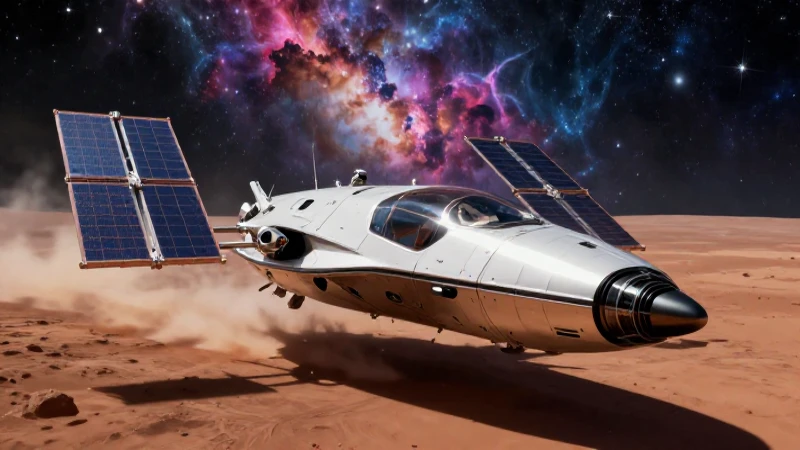 Nave espacial futurista sobre Marte con neblina cósmica