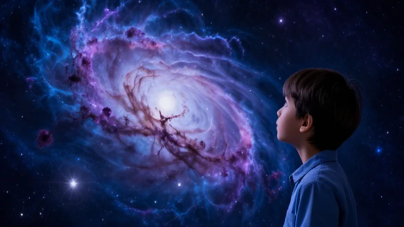 Estudiante observa nebulosa vibrante y cósmica