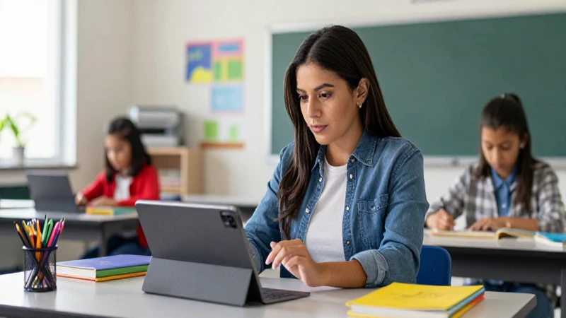 Potencia la educación con herramientas tecnológicas para una evaluación más efectiva en la escuela mexicana 4 Maestra mexicana con tableta en aula moderna