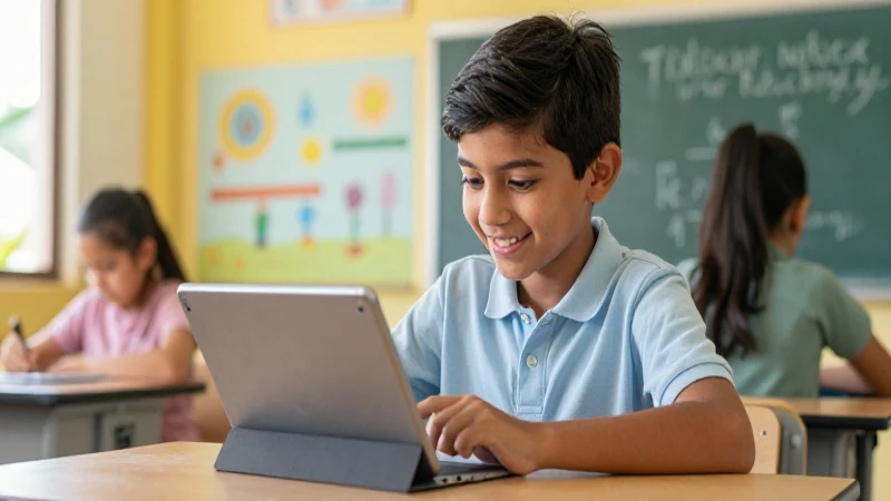 Estudiante sonriente usando tableta en clase moderna