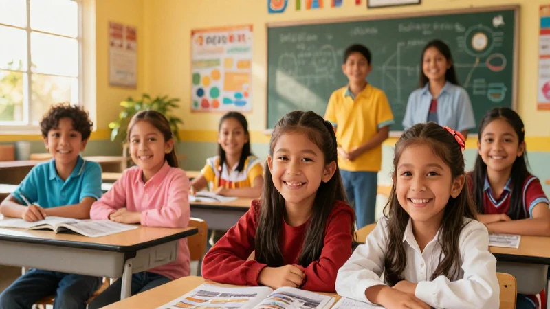 La Nueva Escuela Mexicana: Inclusión y diversidad educativa 3 Niños mexicanos sonrientes en clase con luz dorada