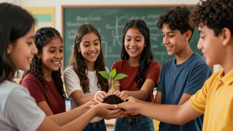 Estudiantes colaborando en crecimiento educativo vibrante