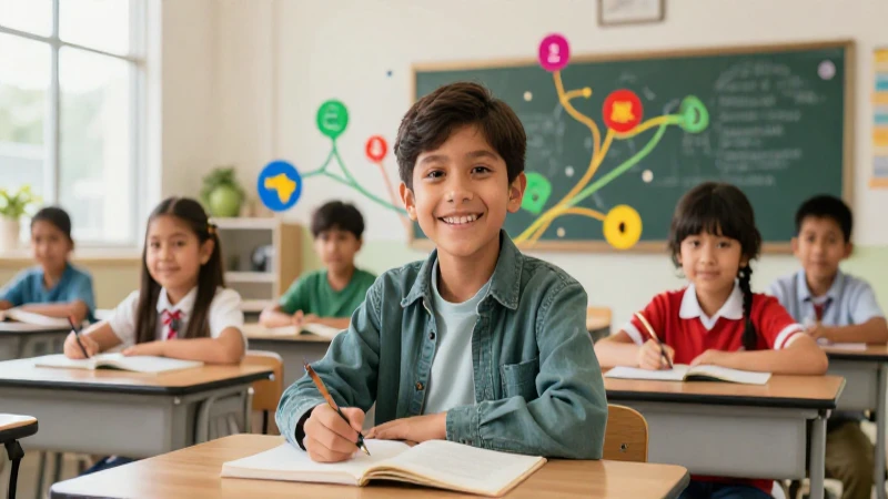La educación igualitaria: clave para formar estudiantes empoderados 3 Niño mexicano feliz en moderno entorno educativo