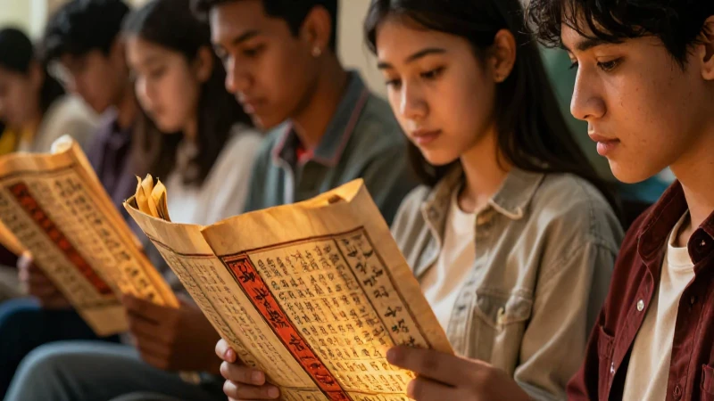 Conoce el poder de la literatura asiática en la educación juvenil 4 Estudiante lee scrolls antiguos con luz cálida