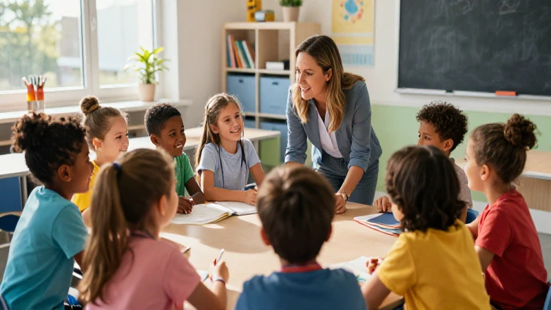 Estudiantes y profesor en aula moderno y soleado