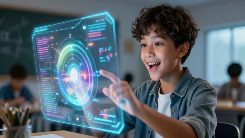 Potencia el aprendizaje con tecnología: motivación y participación estudiantil mejoran 3 Estudiante interactúa con interfaz holográfica vibrante