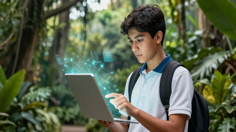 Estudiante mexicano interactúa con naturaleza y tecnología