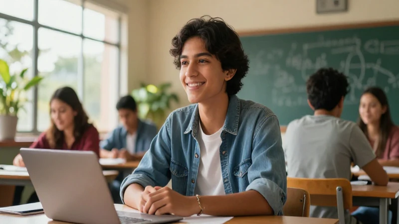 Potencia tus habilidades emprendedoras con la nueva escuela mexicana 3 Estudiante mexicano sonriente en aula moderno