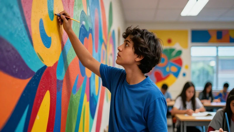 Transforma la enseñanza de artes visuales con la escuela mexicana 3 Estudiante observa mural vibrante en aula moderna