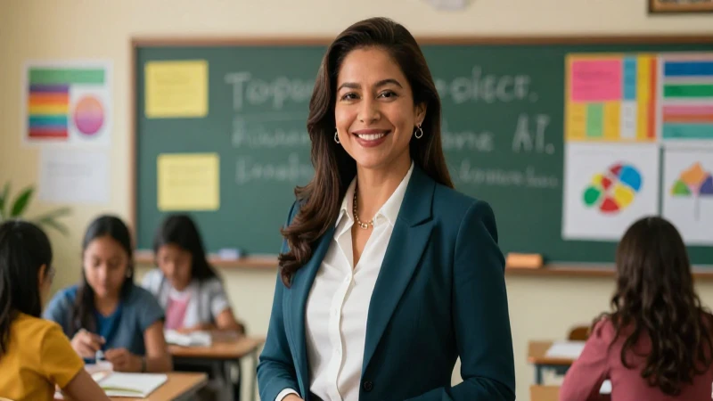 ¡Revoluciona tu formación docente y desarrolla tu carrera con la Nueva Escuela Mexicana! 5 Maestra mexicana sonriente en entorno educativo profesional