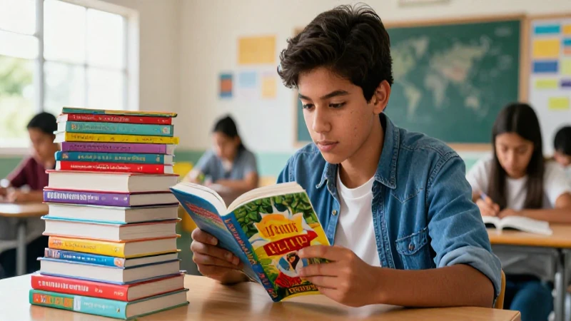 Joven mexicano disfruta literatura en aula moderna