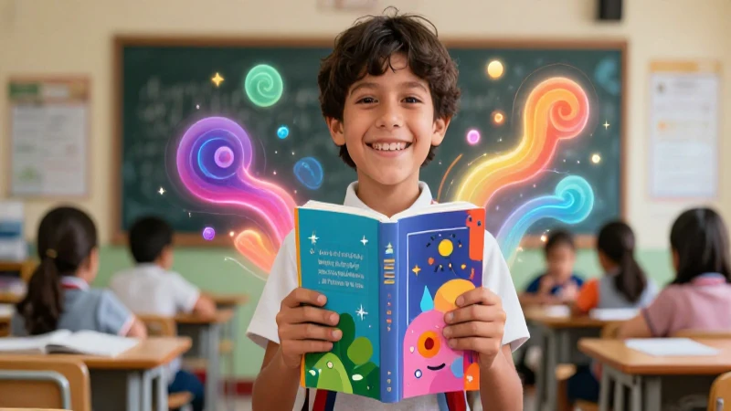 Potencia la imaginación y creatividad de estudiantes con libros SEP 3 Niño feliz con energía, libros modernos y fondo educativo