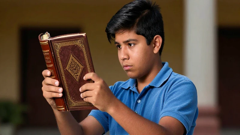 Estudiante mexicano curioso con libro antiguo