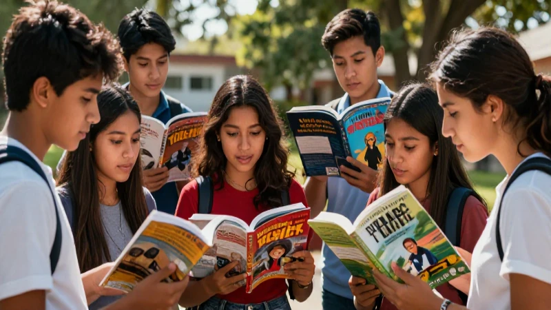 Estudiantes mexicanos con libros vibrantes y dinámicos
