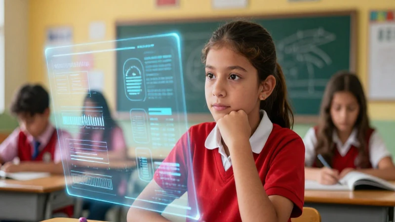 Evaluación educativa en la nueva escuela mexicana: implicaciones y resultados 3 Estudiante mexicano en aula futurista con datos holográficos