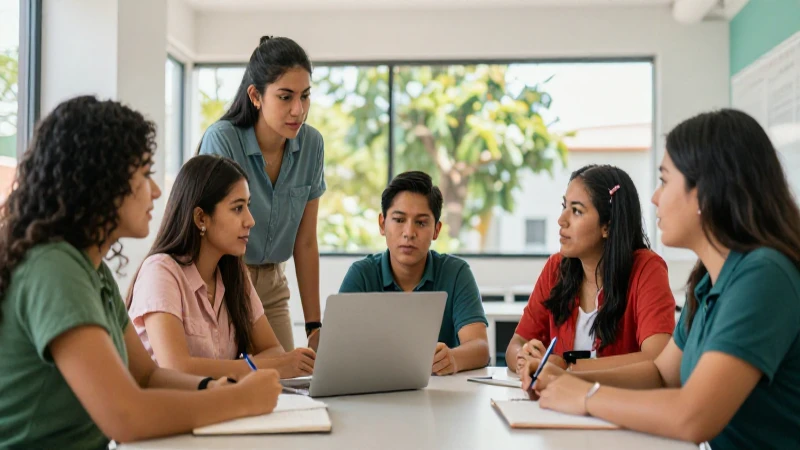 Maximiza el éxito educativo con la evaluación institucional en la nueva escuela mexicana 4 Educadores mexicanos colaborando en un aula moderna