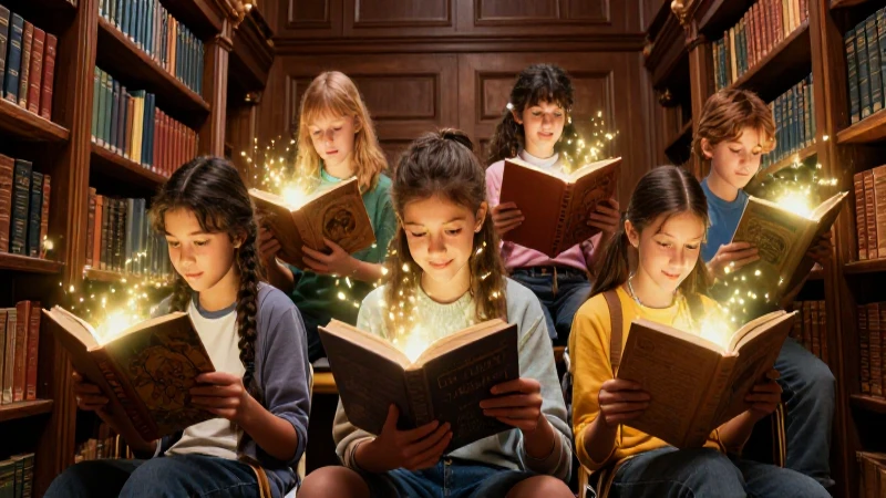 Ilustración mágica de niños leyendo libros