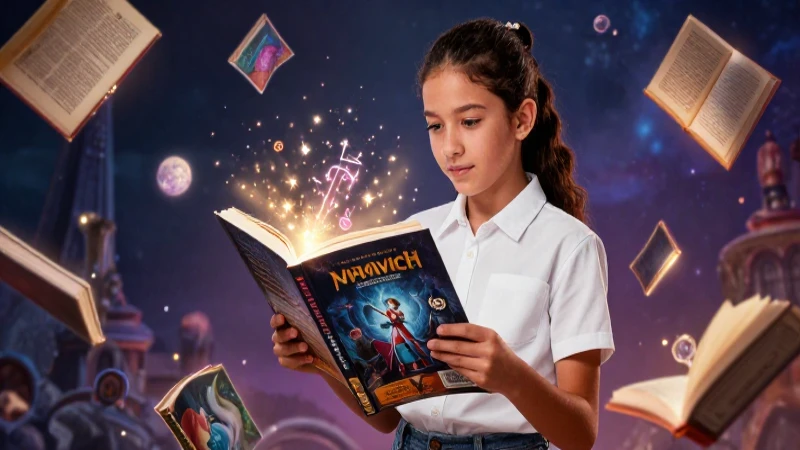 Joven mexicano leyendo magia entre libros brillantes