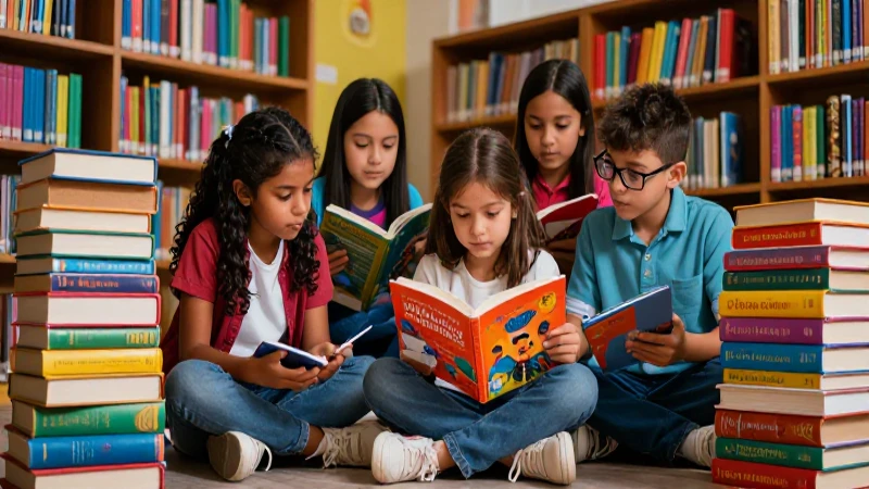 Estudiantes de sexto grado en biblioteca vibrante