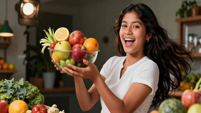 Joven alegre sostiene frutas y verduras frescas