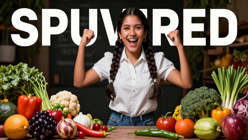 Estudiante mexicano sano rodeado de alimentos frescos