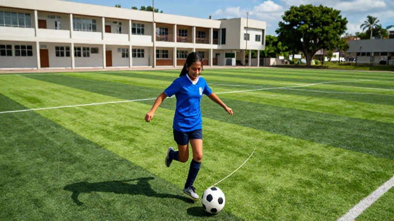 Education física al aire libre: Medidas en la nueva escuela mexicana 3 Estudiante mexicano jugando fútbol en escuela soleada