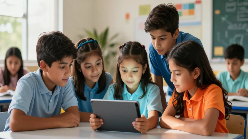 Estudiantes mexicanos colaborando en tablet digital moderna
